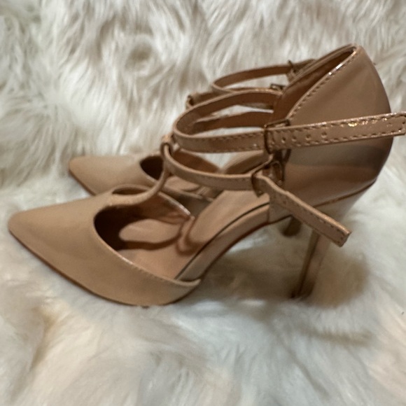Tan Pointed-Toe T-Strap Heels - Picture 5 of 11
